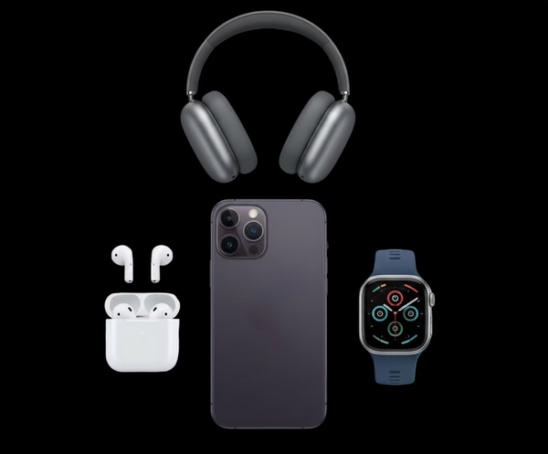 Set of headphones, phone, and smartwatch on a white background with blue ribbons.